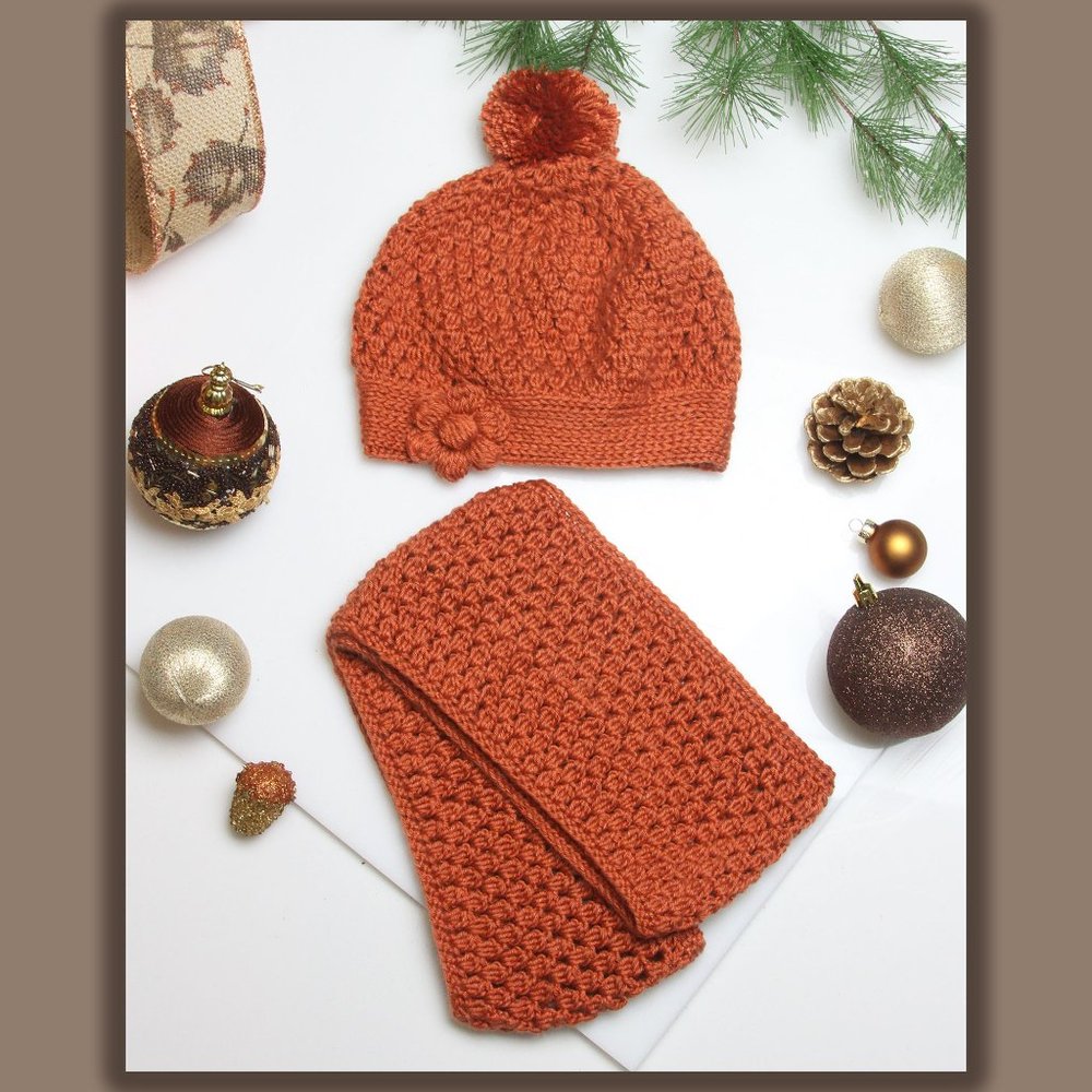New Handmade Children's Rustic Orange Floral Beanie & Circle Scarf Set